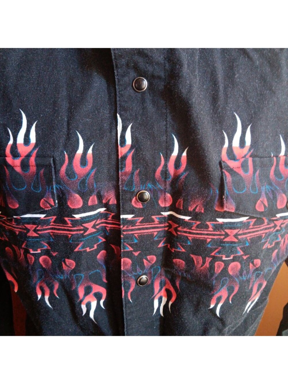 Brooks & Dunn Vintage Medium Western Shirt Black Cowboy Snap-Up Flame Print 90s